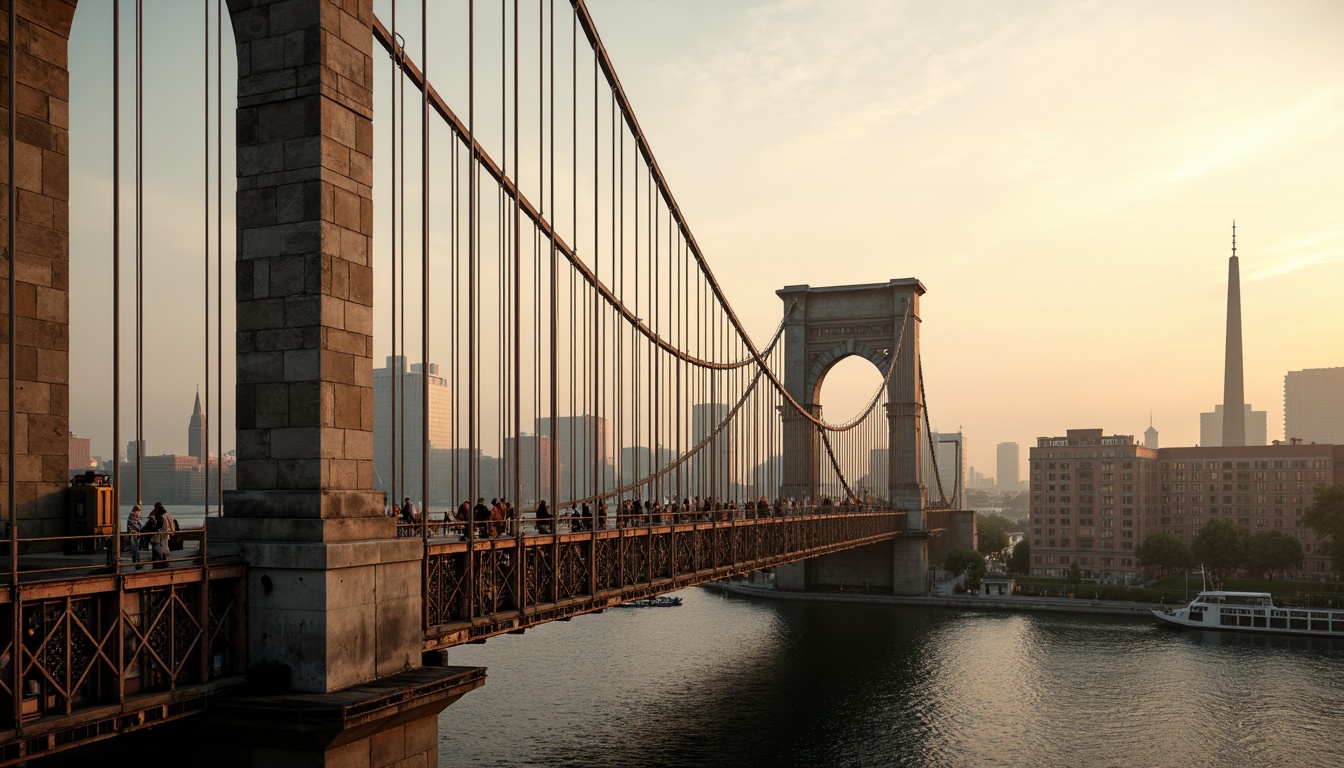 Prompt: Rustic steel bridges, weathered wooden decks, sleek concrete pillars, suspension cables, sturdy stone foundations, majestic arches, modern cable-stayed design, urban cityscape, misty morning atmosphere, warm golden lighting, shallow depth of field, 2/3 composition, realistic textures, ambient occlusion.