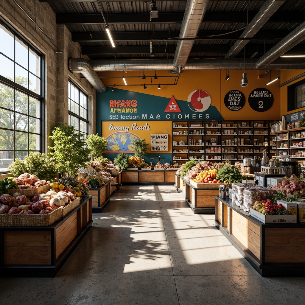 Prompt: Vibrant grocery store, primary color scheme, bold typography, geometric shapes, industrial metal shelving, minimalist product displays, functional wooden crates, vintage-inspired signage, distressed concrete floors, exposed ductwork, natural light pouring in, high ceilings, urban loft atmosphere, moody shadows, dramatic spot lighting, 3/4 composition, realistic textures, ambient occlusion.