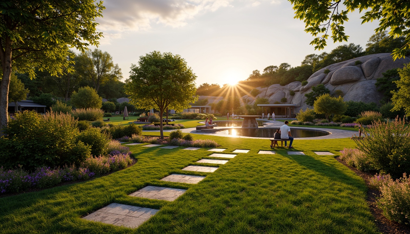 Prompt: Lush green lawn, blooming flowerbeds, manicured shrubs, meandering stone pathways, tranquil water features, natural rock formations, rustic wooden benches, vibrant outdoor lighting, warm sunset ambiance, shallow depth of field, 3/4 composition, panoramic view, realistic textures, ambient occlusion.