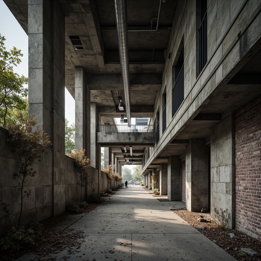 Prompt: Rough-hewn concrete walls, weathered stone fa\u00e7ades, exposed ductwork, industrial metal beams, distressed wooden accents, raw brick textures, brutalist fortress-like structures, imposing scale, dramatic natural lighting, ominous shadows, rugged urban landscapes, desolate cityscapes, abandoned industrial sites, crumbling infrastructure, harsh geometric forms, functional minimalism, monochromatic color schemes, stark contrasts, cinematic low-angle shots, gritty realistic renderings.