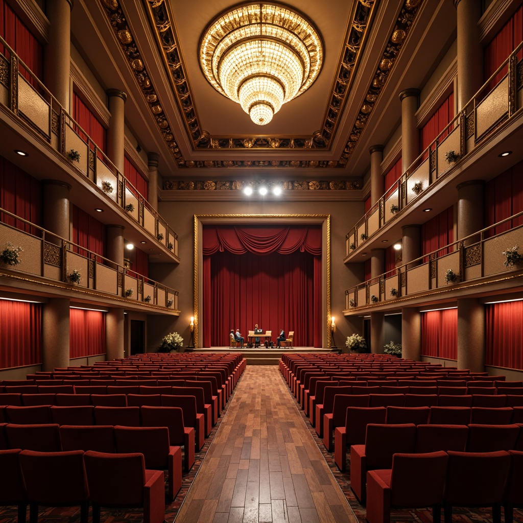 Prompt: Elegant auditorium interior, tiered seating arrangement, curved rows of chairs, polished wood flooring, ornate ceiling design, grand chandelier lighting, acoustic panels, soundproofing materials, raised stage platform, crimson velvet curtains, gold accents, luxurious upholstery, dramatic spotlights, soft warm glow, 3/4 composition, symmetrical layout, balanced proportions, rich textures, atmospheric ambiance.