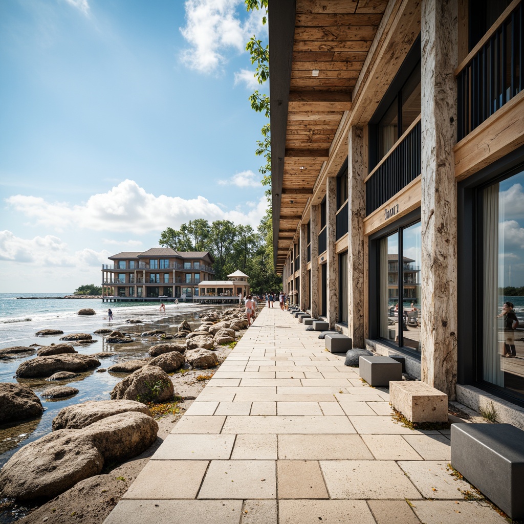 Prompt: Seaside coastal walkway, oceanfront buildings, wave-inspired architecture, sandy beach texture, driftwood accents, sea salt-weathered wood, coral-inspired columns, nautical-themed signage, ocean breeze ventilation, large windows with coastal views, sliding glass doors, beachy color palette, soft natural lighting, shallow depth of field, 1/1 composition, panoramic view, realistic water effects, ambient occlusion, seaweed-covered rocks, tidal pools, ocean spray misting, sunny day with few clouds.