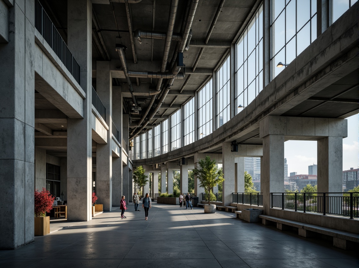 Prompt: Exposed concrete columns, brutalist fa\u00e7ade, angular steel beams, functional pipe work, industrial lighting fixtures, raw unfinished textures, monumental scale, dramatic cantilevers, elevated roadways, sweeping curves, dynamic geometric forms, airy open spaces, natural light pouring in, moody atmospheric tones, high-contrast shading, cinematic composition, wide-angle lens, shallow depth of field.