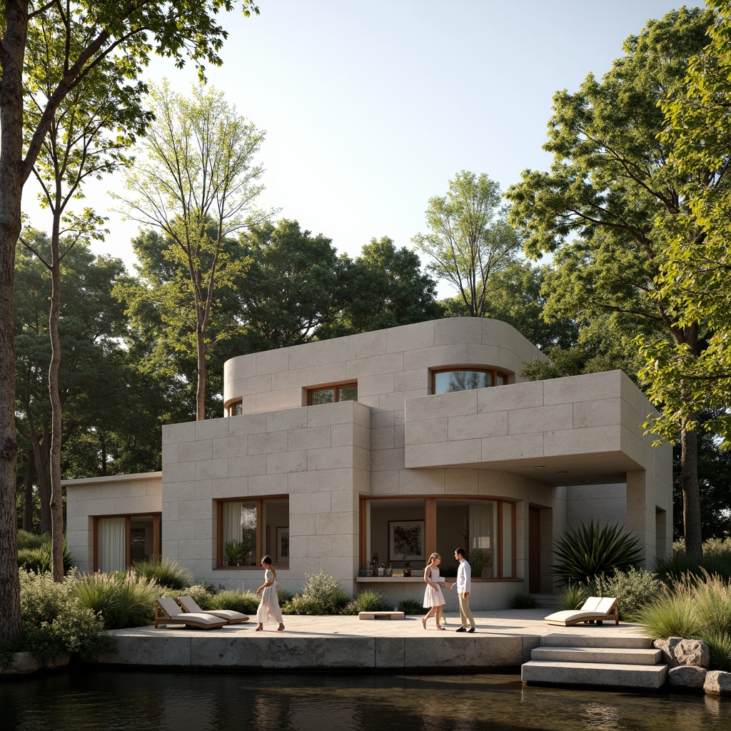 Prompt: Riverbank limestone fa\u00e7ade, minimalist modern architecture, clean lines, simple shapes, natural stone cladding, large windows, sliding glass doors, open-plan interior, wooden flooring, subtle textures, earthy color palette, serene river views, lush greenery, mature trees, calm atmosphere, soft morning light, shallow depth of field, 1/1 composition, realistic reflections, ambient occlusion.