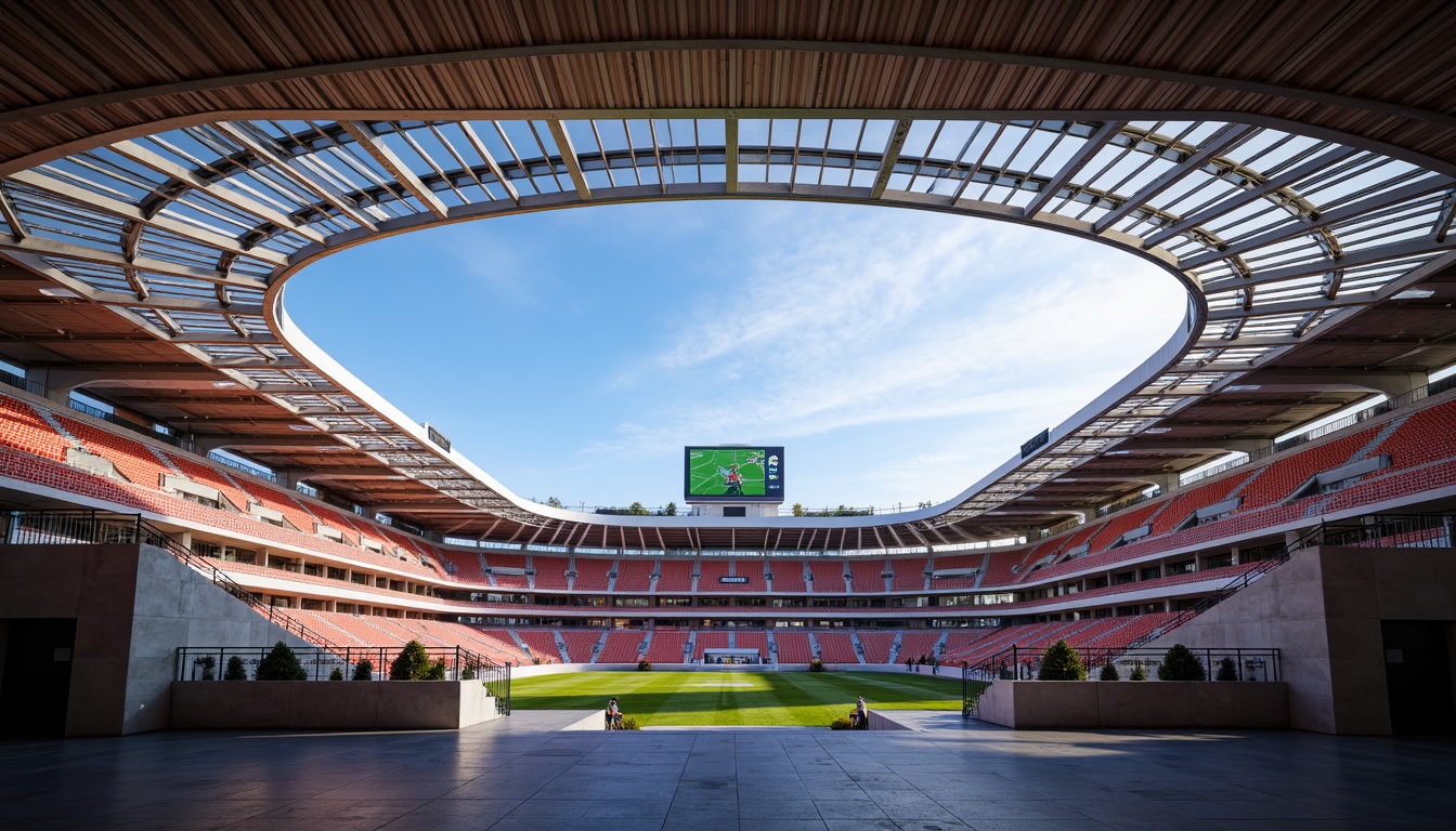 Prompt: Vibrant stadium interior, smooth concrete walls, glossy finish flooring, retractable seating, LED scoreboard displays, dynamic lighting systems, futuristic architecture, curved lines, sleek metal beams, modern minimalist design, premium leather upholstery, ambient occlusion, shallow depth of field, 3/4 composition, panoramic view, realistic textures, sunny day, warm soft lighting.