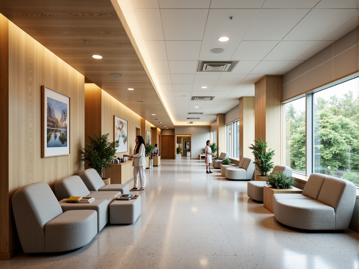 Prompt: Calming healthcare facility, soothing color palette, natural wood accents, comfortable seating areas, warm lighting fixtures, acoustic ceiling tiles, noise-reducing materials, spacious waiting rooms, ergonomic furniture, accessible walkways, clear signage, minimal clutter, calming artwork, serene nature views, abundant natural light, soft carpeting, rounded corner designs, wheelchair-accessible ramps, quiet private consultation rooms, minimalist decor, gentle color transitions.