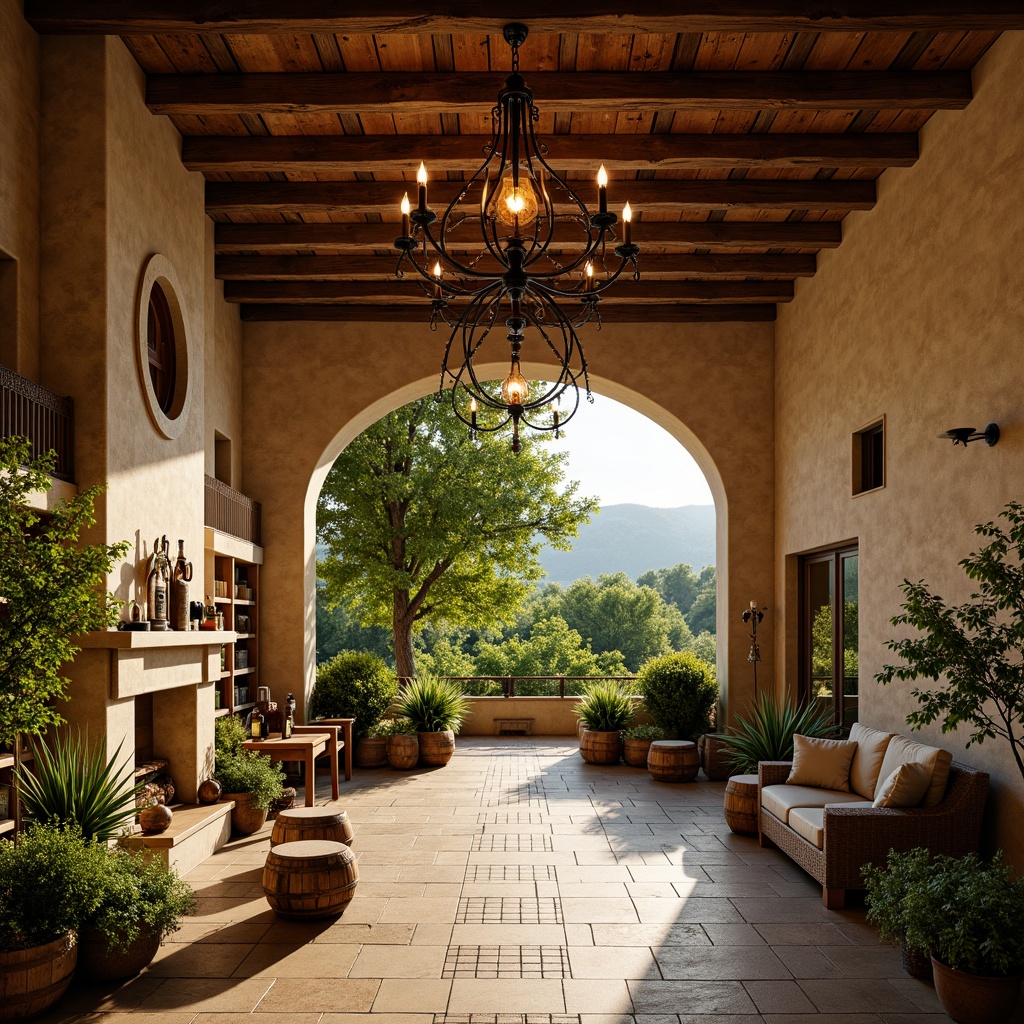 Prompt: Rustic winery, earthy tones, warm beige walls, rich wood accents, lush green vines, mature oak barrels, soft golden lighting, cozy fireplaces, elegant chandeliers, natural stone floors, wooden wine crates, vintage wine-making equipment, serene countryside views, rolling hills, sunny afternoon, gentle warm breeze, shallow depth of field, 2/3 composition, realistic textures, ambient occlusion.