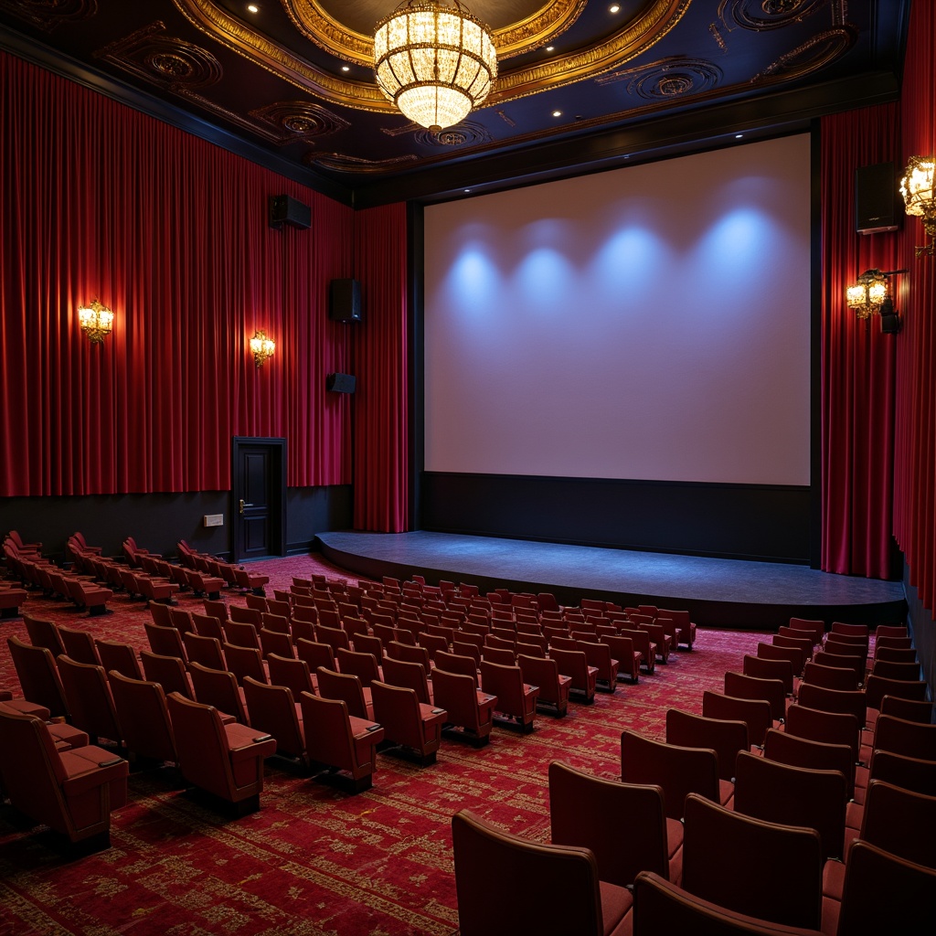 Prompt: Luxurious theater interior, velvet curtains, ornate chandeliers, plush seating, tiered stadium-style arrangement, crimson carpets, gold accents, dramatic spotlights, surround sound systems, projection screens, cinematic ambiance, dark mood lighting, 1/2 composition, low-angle shot, realistic textures, ambient occlusion.