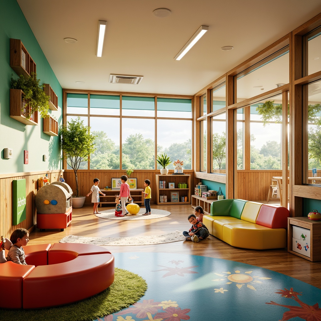 Prompt: Vibrant kindergarten, playful atmosphere, large windows, natural lighting, soft warm glow, wooden accents, colorful walls, educational decorations, child-sized furniture, rounded corners, safe play areas, greenery views, outdoor playgrounds, climbing structures, sandbox zones, water play features, kid-friendly textures, shallow depth of field, 1/1 composition, realistic renderings, ambient occlusion.