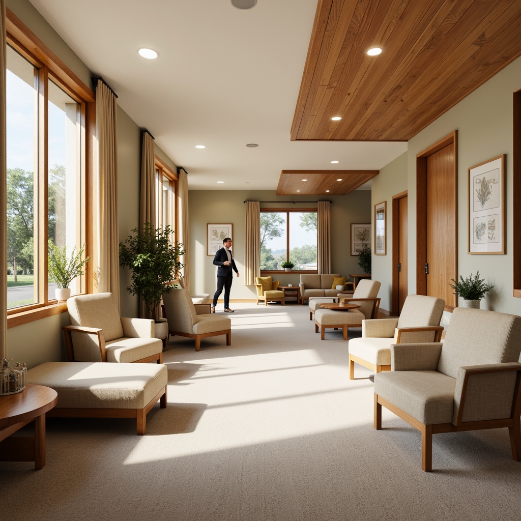 Prompt: Cozy healthcare facility, soothing color palette, comfortable seating areas, natural wood accents, calming artwork, ample daylight, soft warm lighting, spacious waiting rooms, ergonomic furniture, acoustic panels, sound-absorbing materials, minimal noise levels, peaceful ambiance, serene atmosphere, wheelchair-accessible pathways, clear signage, easy navigation, gentle curves, rounded corners, non-institutional design, calming textures, plush carpets, warm beige tones, gentle color transitions, 1/1 composition, shallow depth of field, realistic reflections.