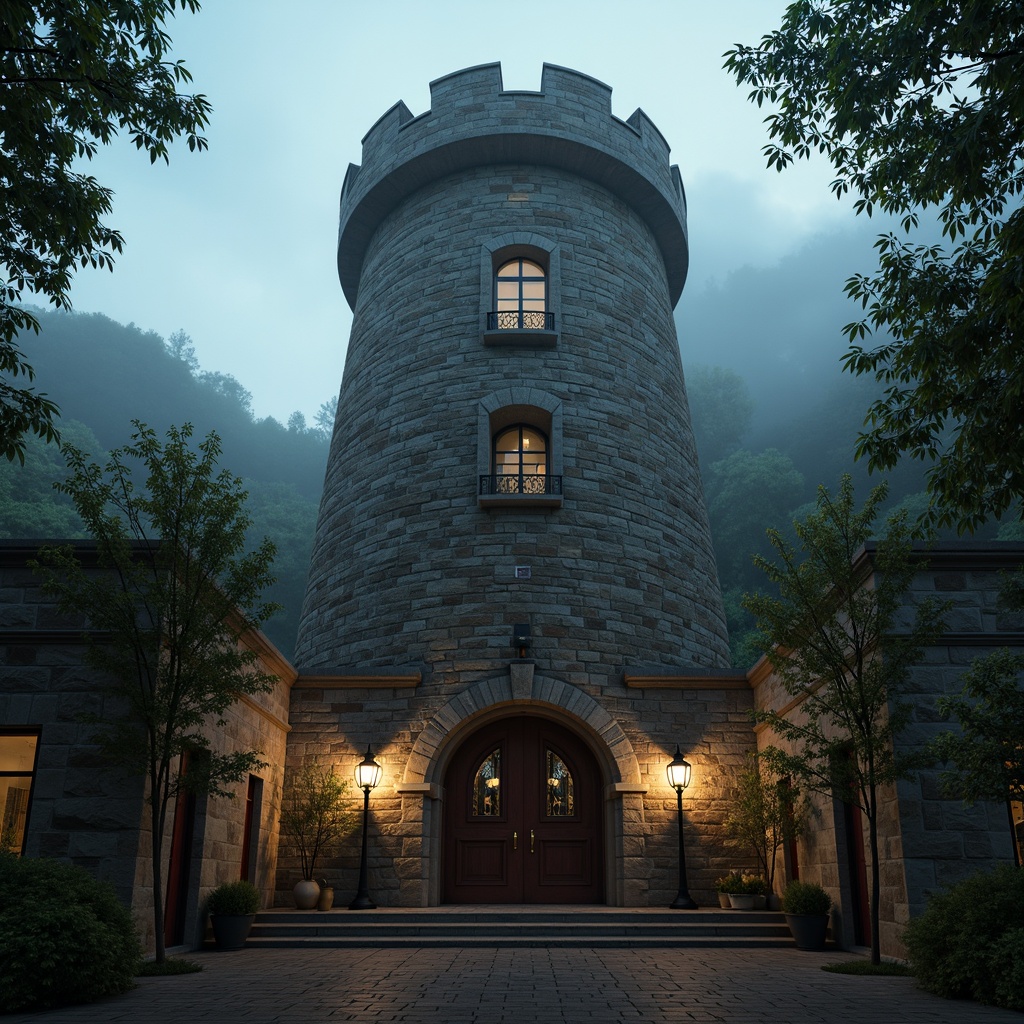 Prompt: Majestic watchtower, rugged stone walls, medieval-inspired architecture, grandiose entrance gates, winding staircases, ornate ironwork, Gothic arches, mysterious lanterns, misty atmospheric lighting, foggy mornings, dramatic skies, cinematic composition, low-angle shots, warm golden hour, shallow depth of field, 1/2 composition, intricate textures, ambient occlusion.