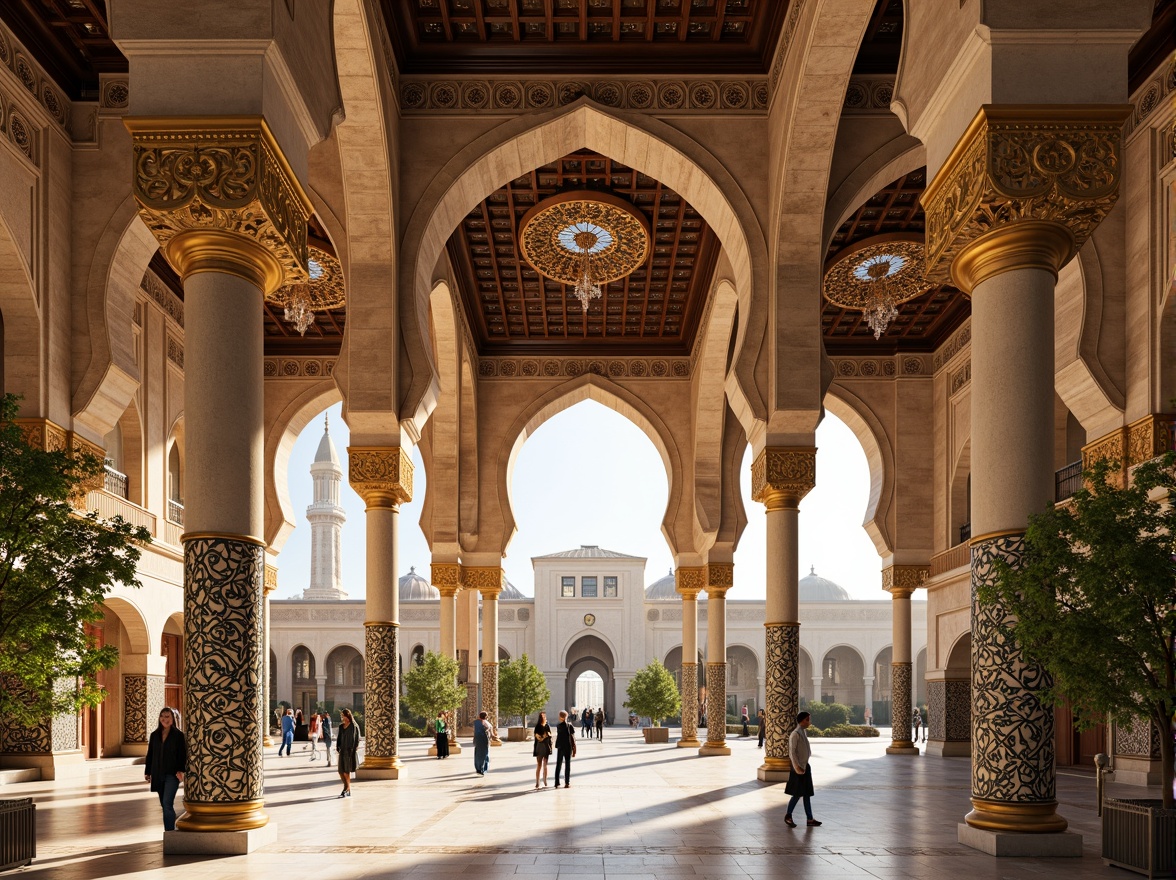 Prompt: Intricate ornamental arches, Islamic-inspired architecture, grand entranceways, majestic columns, ornate carvings, luxurious gold accents, lavish decorations, symmetrical patterns, Moorish influences, intricate geometric motifs, vibrant colorful tiles, rich cultural heritage, exotic Middle Eastern flair, warm sunny day, soft natural lighting, shallow depth of field, 3/4 composition, panoramic view, realistic textures, ambient occlusion.