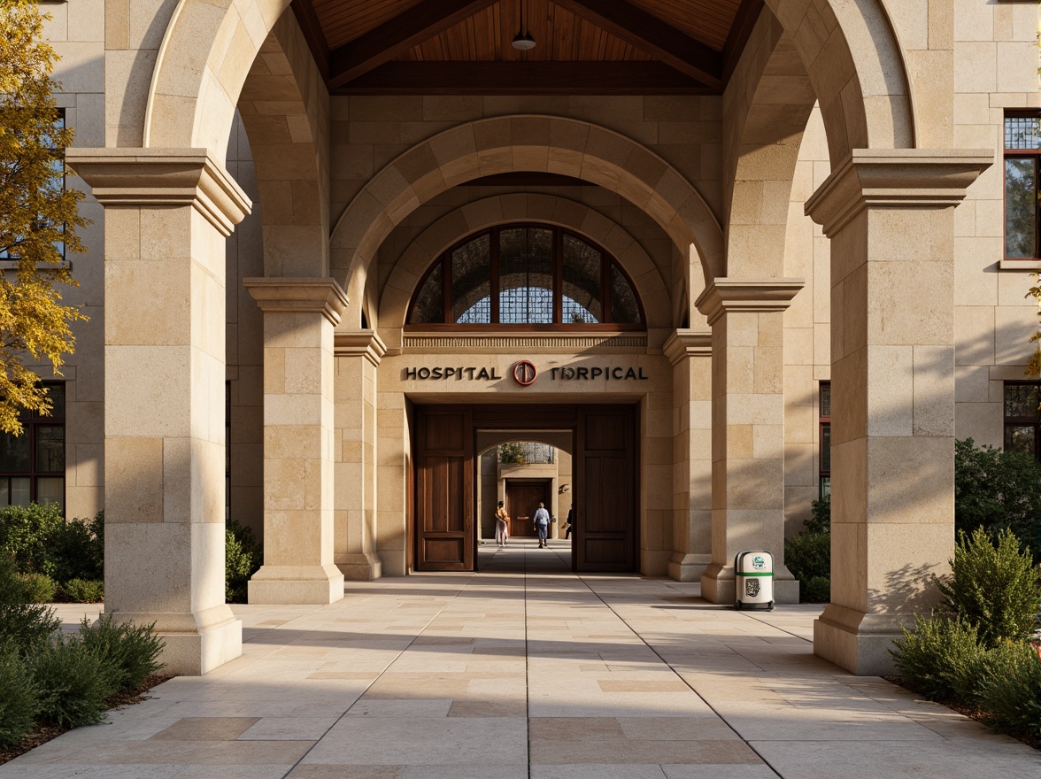 Prompt: Grand hospital entrance, rustic stone fa\u00e7ade, warm beige walls, elegant archways, ornate columns, stained glass windows, wooden accents, natural textures, earthy color palette, soft ambient lighting, shallow depth of field, 1/2 composition, realistic renderings, subtle weathering effects.