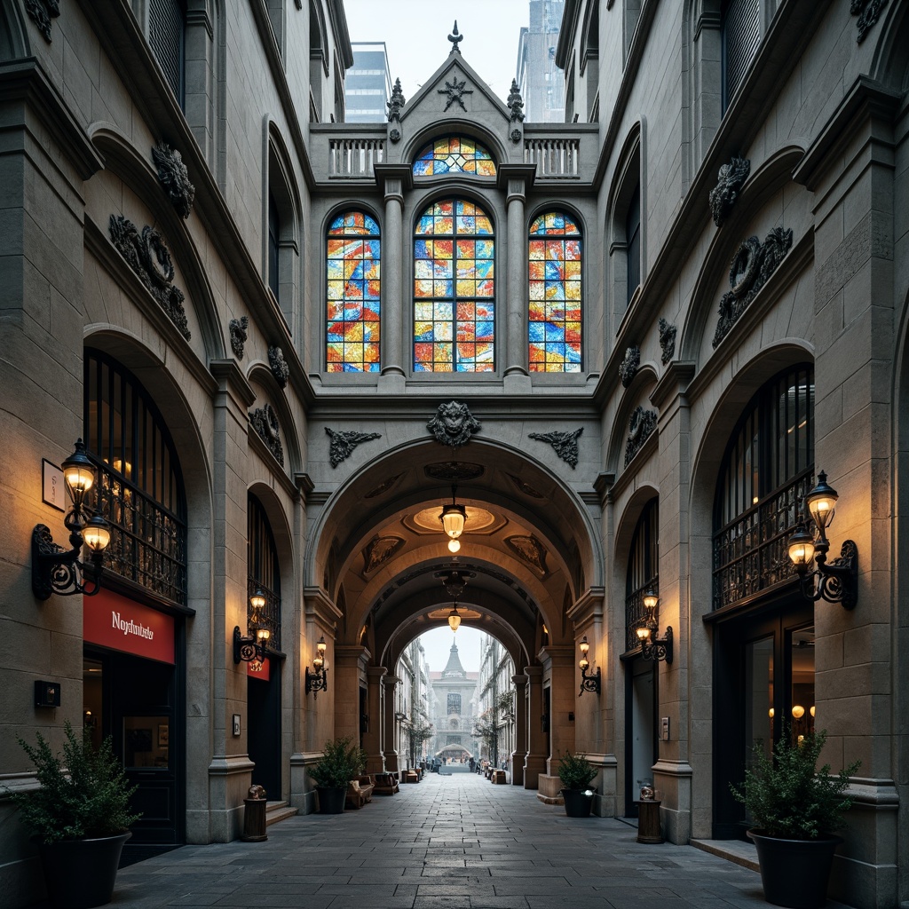 Prompt: Intricate stone carvings, pointed arches, ribbed vaults, flying buttresses, grand entrance gates, ornate metalwork, mystical gargoyles, majestic bell towers, stained glass windows, vibrant colorful tiles, dramatic lighting effects, misty atmospheric conditions, 3/4 composition, symmetrical framing, low-angle photography, realistic textures, ambient occlusion.