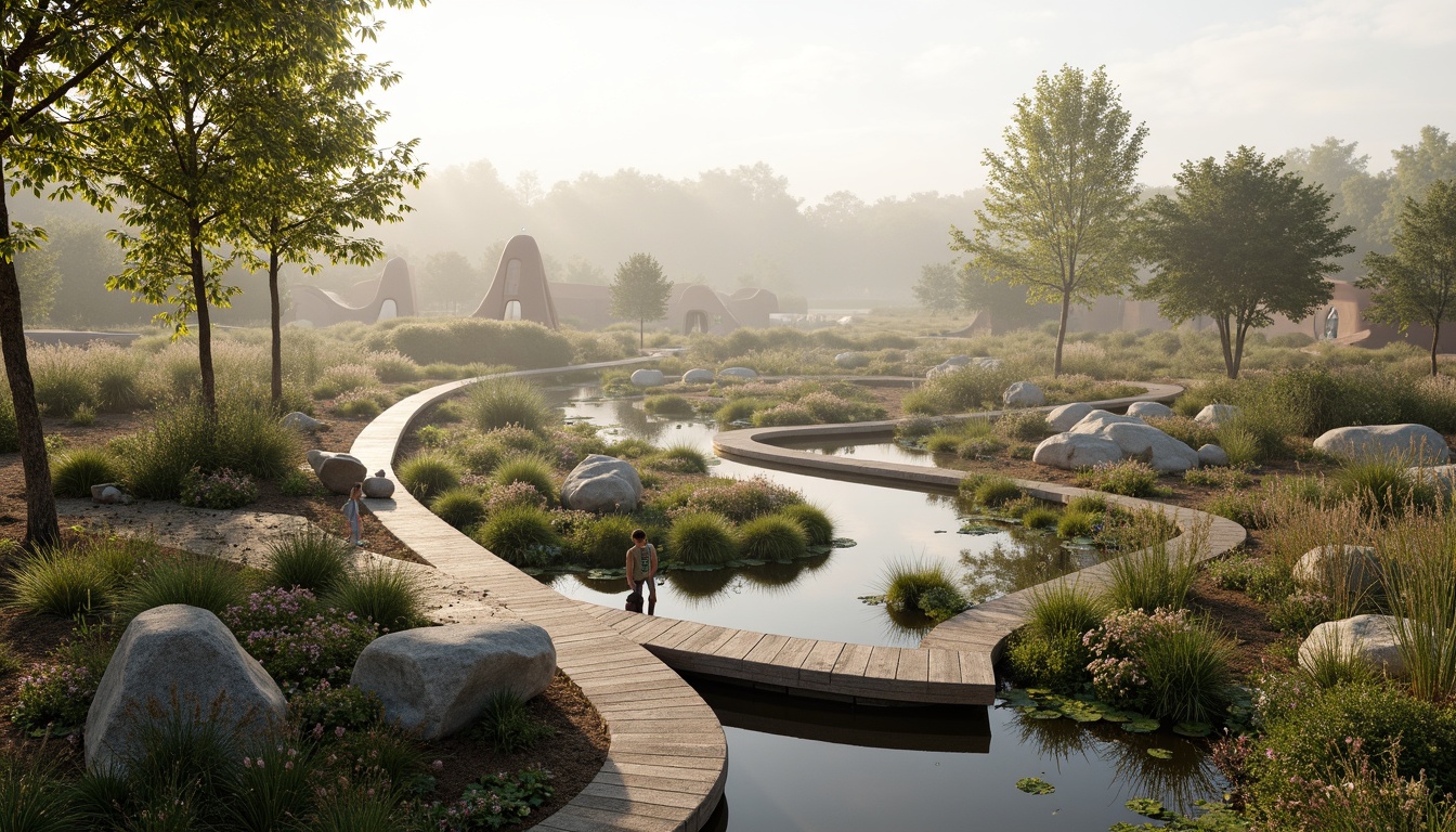 Prompt: Serene wetland landscape, meandering waterways, lush vegetation, native aquatic plants, wooden boardwalks, observation decks, bird-watching stations, nature-inspired sculptures, eco-friendly materials, sustainable design, organic shapes, earthy tones, misty atmosphere, soft warm lighting, shallow depth of field, 3/4 composition, panoramic view, realistic textures, ambient occlusion.Let me know if you need any adjustments!