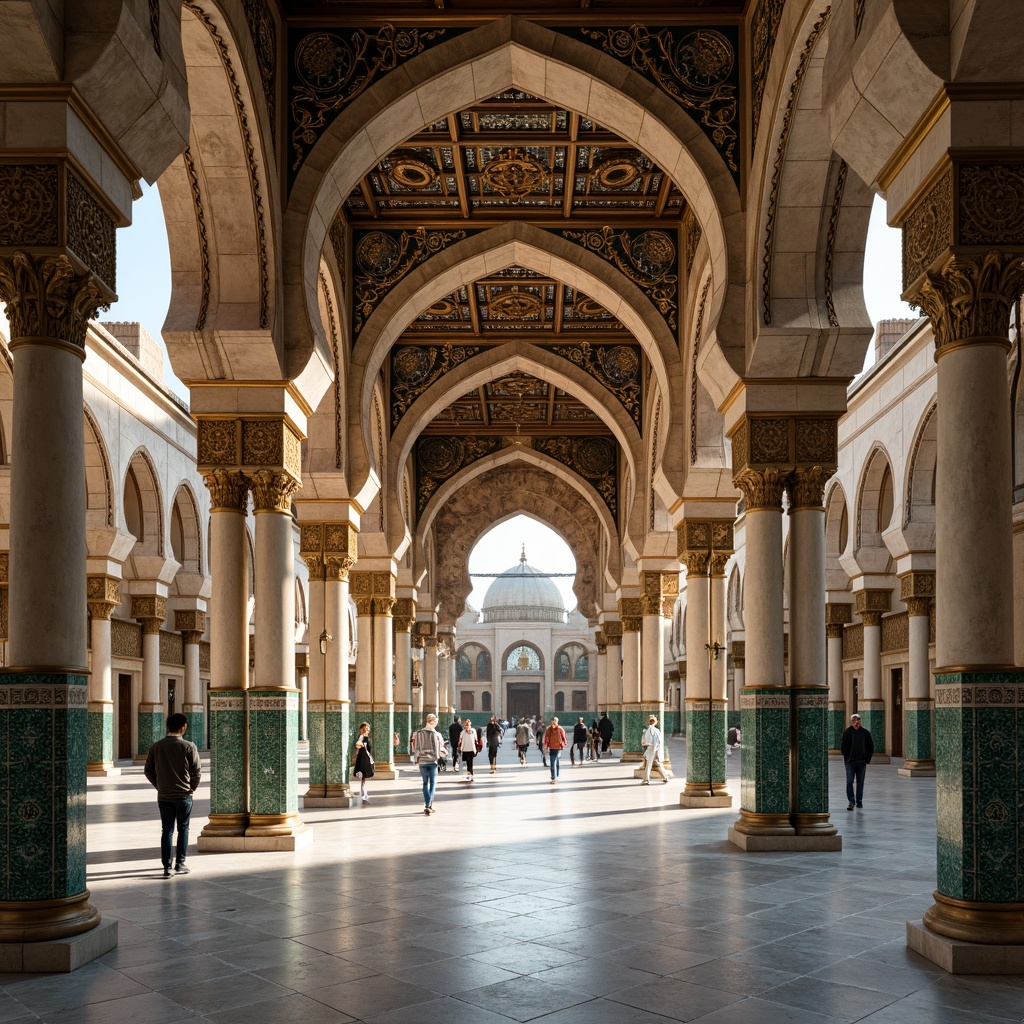 Prompt: Intricate ornamental arches, grandiose entranceways, majestic mosque-inspired architecture, symmetrical compositions, Moorish patterns, Islamic geometric motifs, vibrant turquoise tiles, golden accents, intricate stone carvings, ornate lanterns, soft warm lighting, shallow depth of field, 3/4 composition, panoramic view, realistic textures, ambient occlusion.