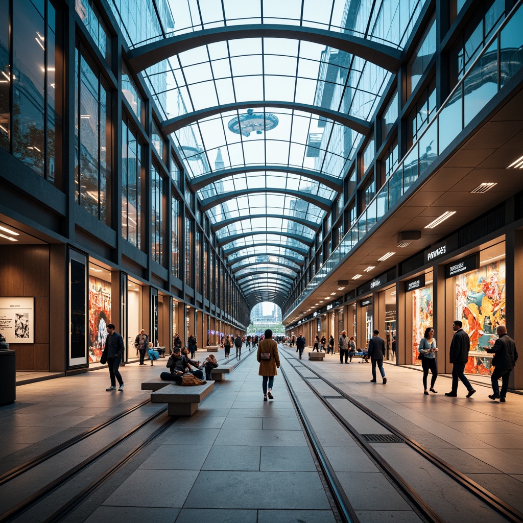 Prompt: Modern tram station, spacious interior, natural stone flooring, sleek metal columns, curved glass roofs, ample seating areas, electronic information displays, efficient ticketing systems, accessible pedestrian routes, vibrant urban art installations, dynamic LED lighting, shallow depth of field, 1/2 composition, symmetrical architecture, futuristic design elements, transparent glass walls, bustling city atmosphere, morning rush hour scene, soft warm lighting.