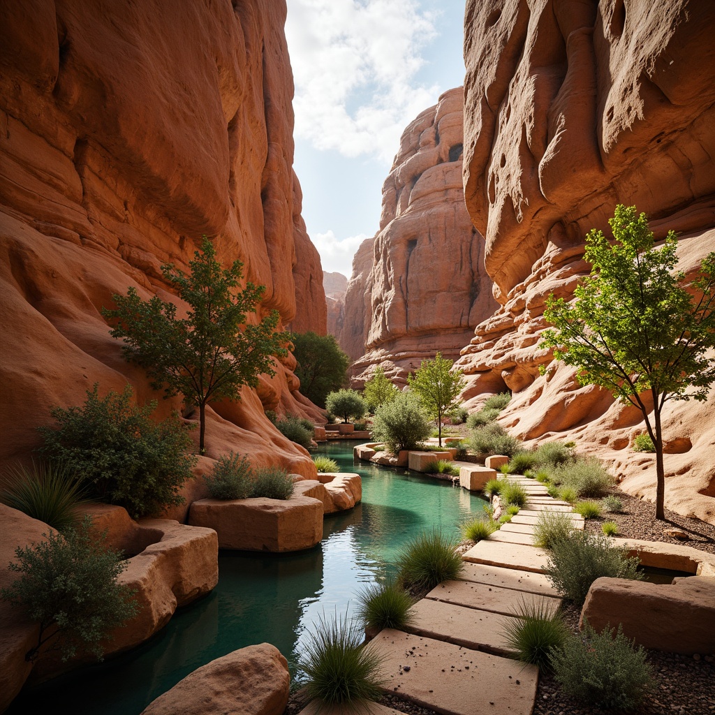 Prompt: Earth-toned canyon landscape, warm beige rocky formations, deep turquoise waterways, lush greenery, vibrant orange-red rock striations, weathered wooden accents, natural stone pathways, adobe-inspired architecture, rustic metal details, soft warm lighting, shallow depth of field, 3/4 composition, panoramic view, realistic textures, ambient occlusion.