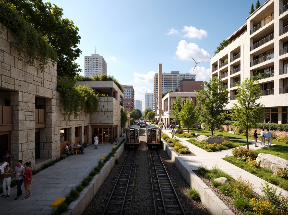 Prompt: Vibrant metro station, natural stone walls, green roofs, solar panels, wind turbines, energy-efficient lighting, modern vernacular architecture, exposed concrete structures, wooden accents, lush greenery, urban landscape, bustling city atmosphere, warm sunny day, soft warm lighting, shallow depth of field, 3/4 composition, panoramic view, realistic textures, ambient occlusion, intricate tile work, public art installations, eclectic cultural decorations.