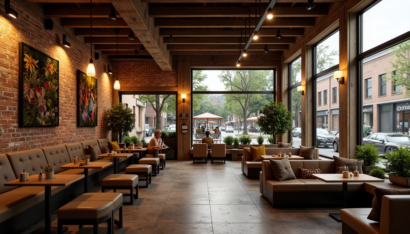 Prompt: Cozy coffee shop, warm atmosphere, rich wood tones, comfortable seating, pendant lamps, soft glowing lighting, natural daylight, large windows, urban views, bustling streets, morning sunlight, warm beige colors, textured brick walls, reclaimed wood accents, industrial metal fixtures, rustic wooden tables, plush couches, vibrant artwork, eclectic decor, relaxed ambiance, intimate corners, layered lighting, warm color temperatures, subtle contrasts, soft shadows, inviting glow.