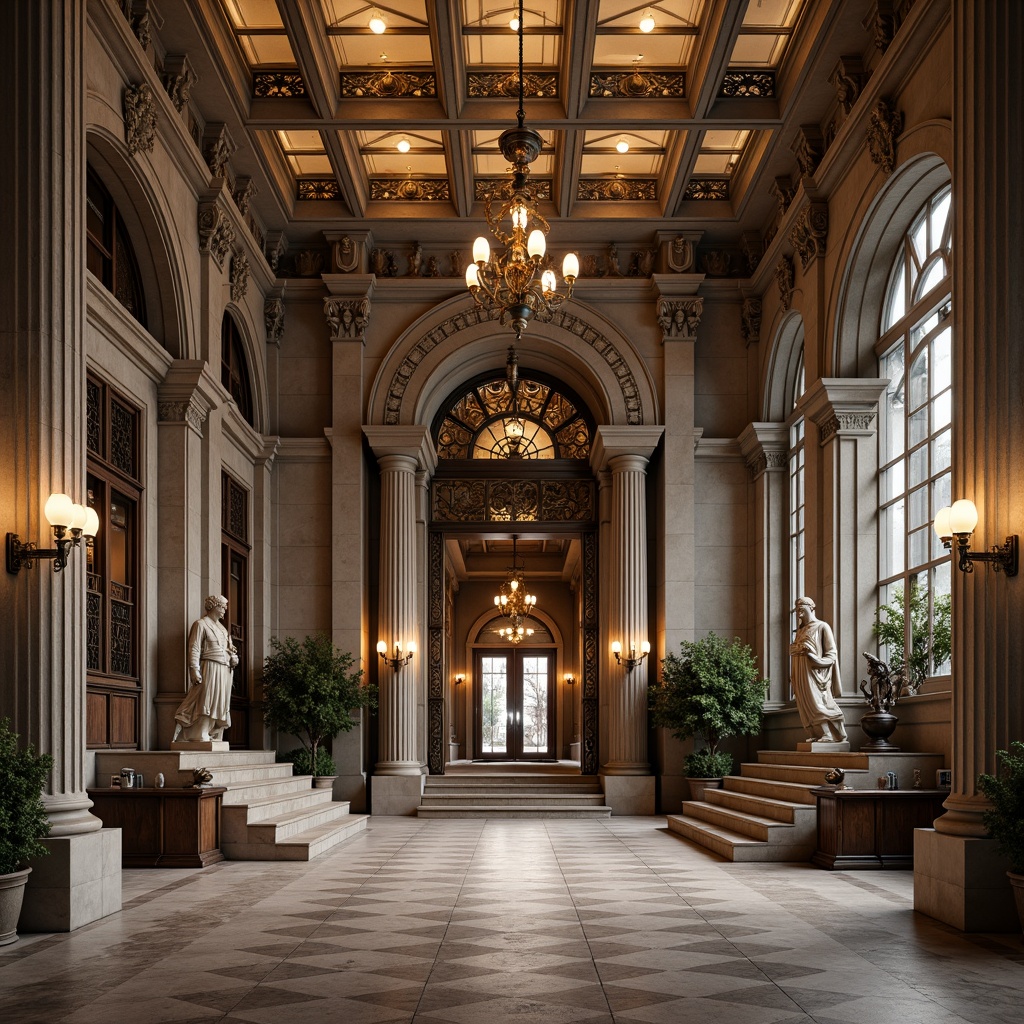 Prompt: Grand entrance, ornate columns, intricately carved architraves, symmetrical facade, majestic stone statues, imposing bronze doors, elegant lanterns, refined metalwork, ornamental balconies, grand staircases, polished marble floors, lavish chandeliers, high ceilings, dramatic lighting, shallow depth of field, 1/2 composition, realistic textures, ambient occlusion.