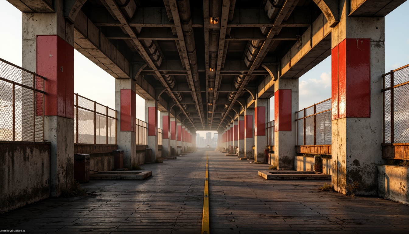 Prompt: Industrial steel bridges, rugged concrete pillars, bold red accents, distressed metal textures, urban cityscape, misty morning atmosphere, warm golden lighting, dramatic shadows, 3/4 composition, low-angle perspective, cinematic mood, gritty realistic details, worn wooden planks, rusty chain-link fences, abstract geometric shapes, avant-garde architectural elements, dynamic structural lines, mechanistic aesthetic, brutalist influences.