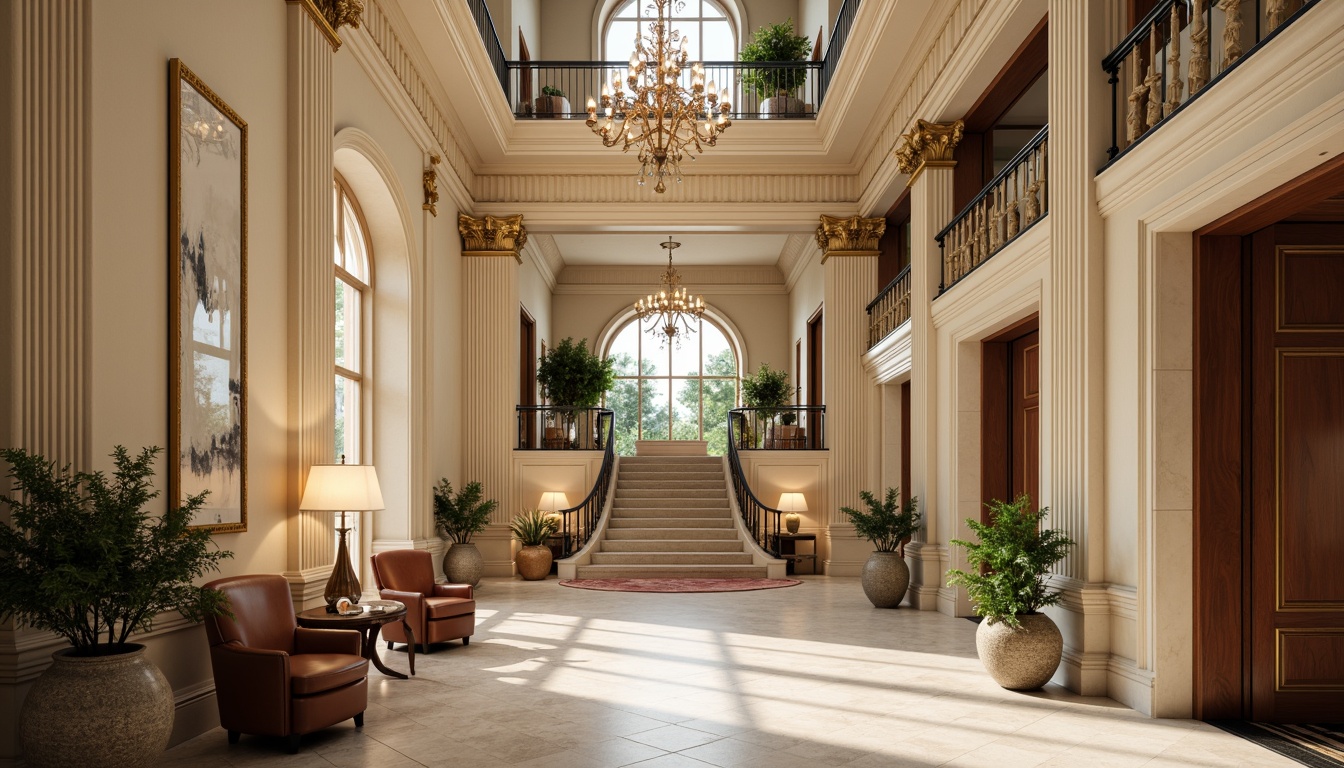 Prompt: Elegant bank facade, neoclassical columns, ornate details, refined stone carvings, subtle gold accents, cream-colored walls, dark wood paneling, rich leather furniture, sophisticated chandeliers, grand staircase, high ceilings, natural light flooding, warm beige tones, muted greenery, polished marble floors, soft box lighting, shallow depth of field, 1/1 composition, realistic textures, ambient occlusion.