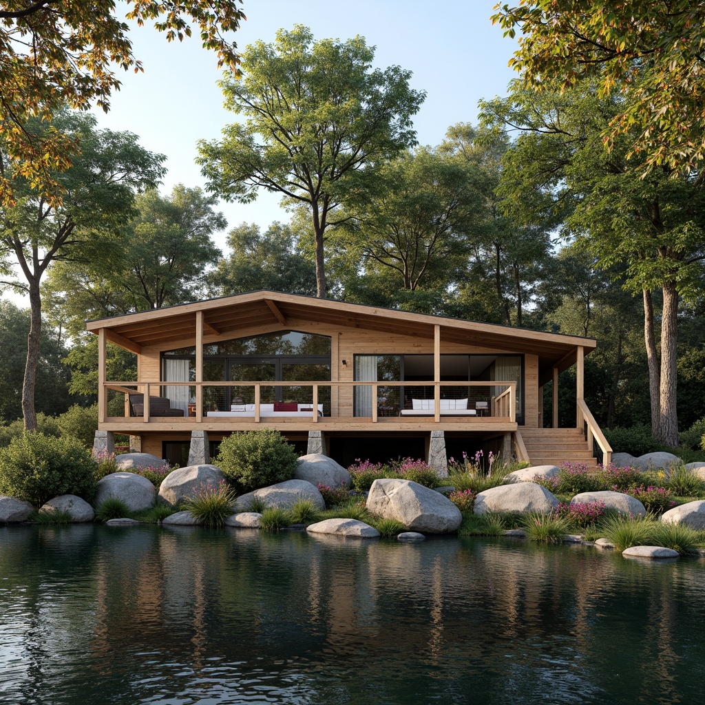 Prompt: \Scenic lakefront homes, harmonious architecture, natural stone foundations, wooden decks, floor-to-ceiling windows, sliding glass doors, outdoor living spaces, lush greenery, mature trees, colorful blooms, serene water reflections, gentle lake ripples, soft warm lighting, shallow depth of field, 3/4 composition, panoramic view, realistic textures, ambient occlusion, tranquil atmosphere, peaceful ambiance.\