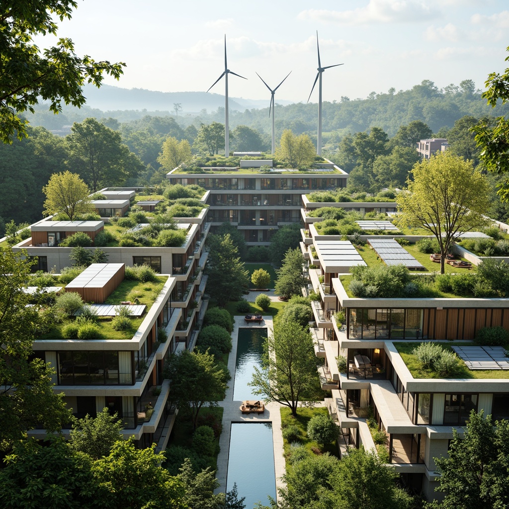 Prompt: Eco-friendly buildings, green roofs, solar panels, wind turbines, rainwater harvesting systems, recycled materials, low-carbon footprint, energy-efficient design, natural ventilation, passive house technology, sustainable urban planning, minimal waste generation, organic gardens, native plant species, living walls, bio-based materials, circular economy principles, cradle-to-cradle design, futuristic architecture, modern eco-urban landscape, bright natural lighting, soft shadows, 3/4 composition, realistic textures, ambient occlusion.