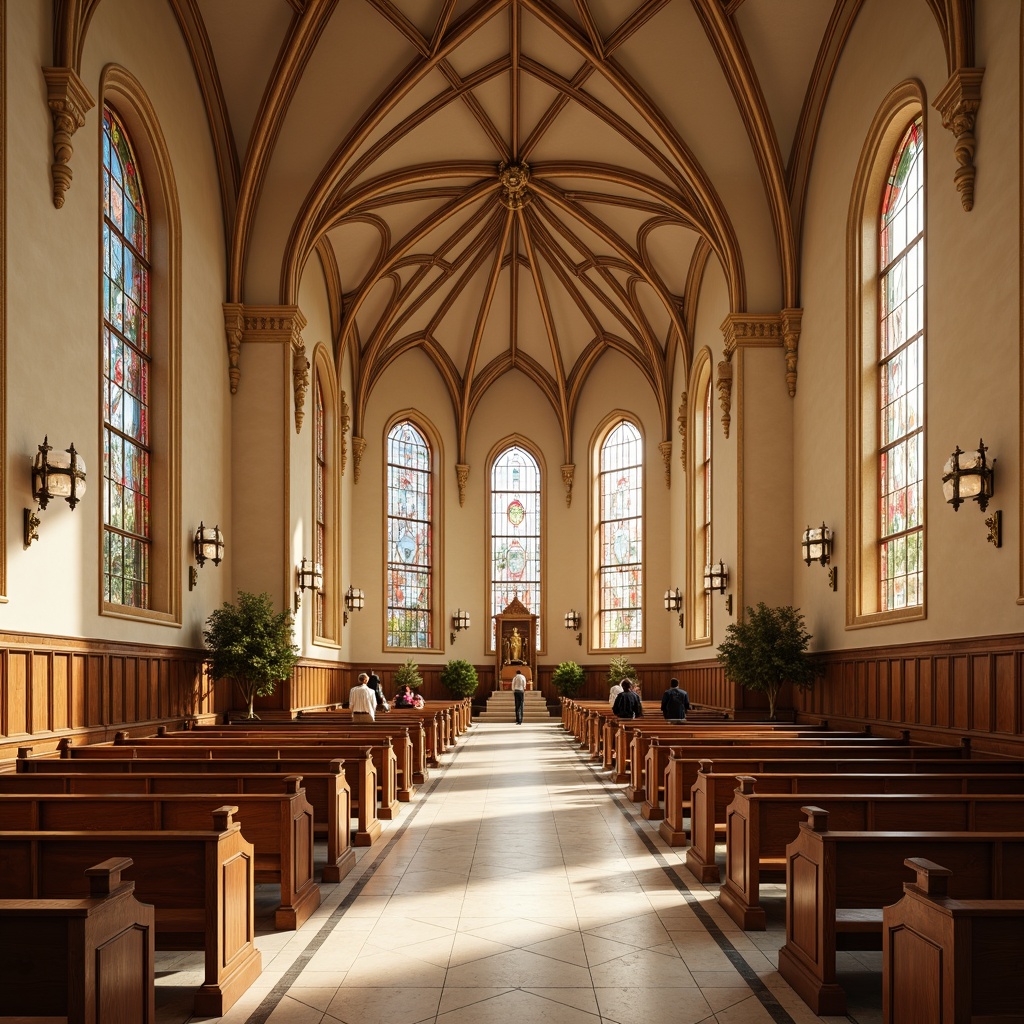 Prompt: Serene worship space, warm beige walls, soft golden lighting, rich wood tones, elegant stained glass windows, vibrant red accents, calming blue hues, creamy white marble floors, ornate stone carvings, traditional Gothic architecture, grandiose vaulted ceilings, peaceful ambiance, subtle texture details, realistic material renderings.