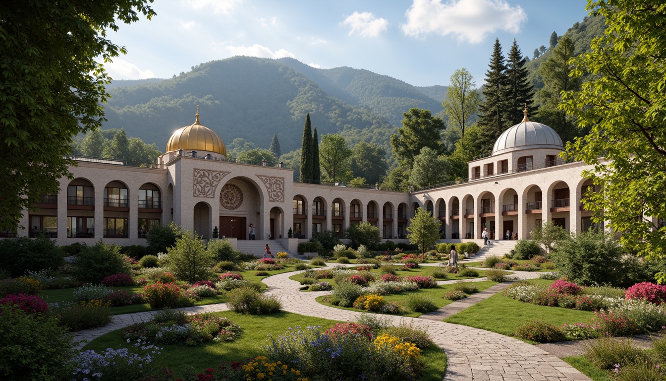 Prompt: Majestic Byzantine monastery, serene mountainous landscape, lush green forests, winding stone pathways, intricate mosaics, golden domes, ornate archways, rustic stone walls, vibrant flower-filled courtyards, tranquil water features, majestic bell towers, soft warm lighting, shallow depth of field, 3/4 composition, panoramic view, realistic textures, ambient occlusion, harmonious integration with nature.