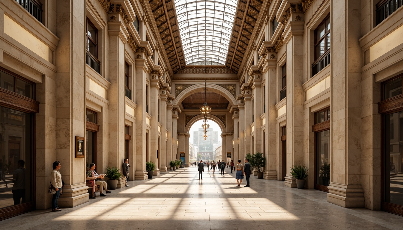 Prompt: Grandiose train station, ornate facade details, Corinthian columns, arched windows, rusticated stone walls, majestic entrance halls, high ceilings, intricate moldings, elegant chandeliers, polished marble floors, symmetrical compositions, classical proportions, warm beige color scheme, natural light pouring through skylights, shallow depth of field, 1/2 composition, realistic textures, ambient occlusion.