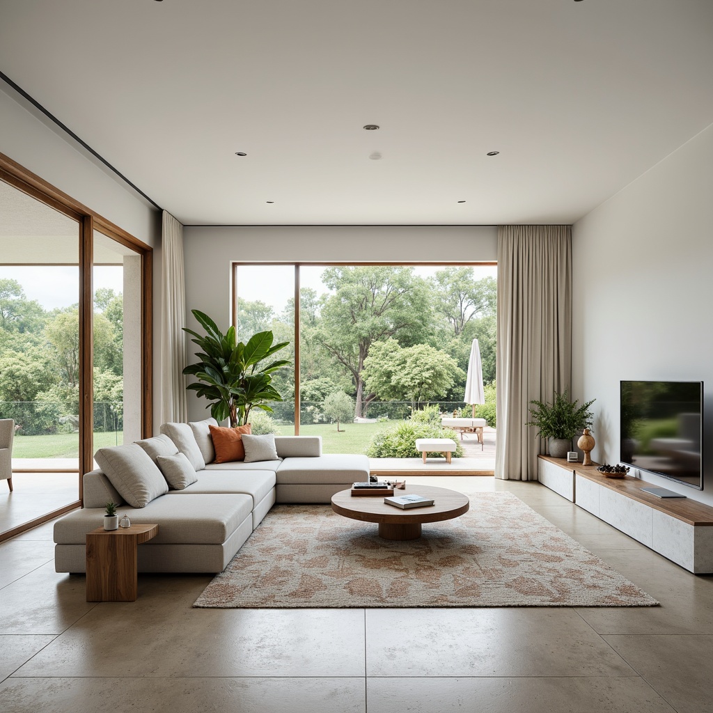 Prompt: Simple minimalist living room, large windows, sliding glass doors, natural stone floors, white walls, minimal ornamentation, greenery views, abundant daylight, soft diffused lighting, 1/1 composition, shallow depth of field, realistic textures, ambient occlusion, modern furniture pieces, low-profile sofas, sleek coffee tables, geometric-patterned rugs, subtle color palette, calming atmosphere, warm wooden accents.