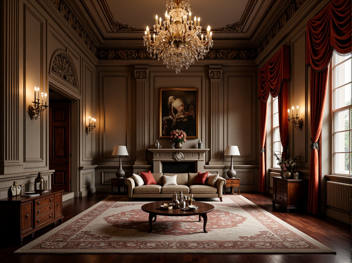 Prompt: 1 cinematic aspect ratio, intricate moldings, elegant proportions, refined ornamentation, luxurious velvet drapes, polished wooden furniture, antique artifacts, opulent crystal chandeliers, sophisticated ambiance, warm intimate glow, realistic textures, ambient occlusion.