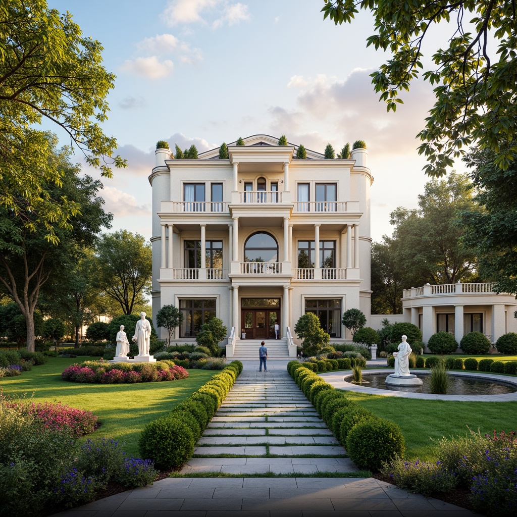 Prompt: Elegant office building, symmetrical facade, ornate columns, grand entrance, manicured lawn, sculpted hedges, vibrant flower beds, walking paths, natural stone pavement, classical statues, serene water features, majestic trees, subtle outdoor lighting, warm afternoon sun, shallow depth of field, 3/4 composition, harmonious color palette, realistic textures, ambient occlusion.Please let me know if this meets your requirements!