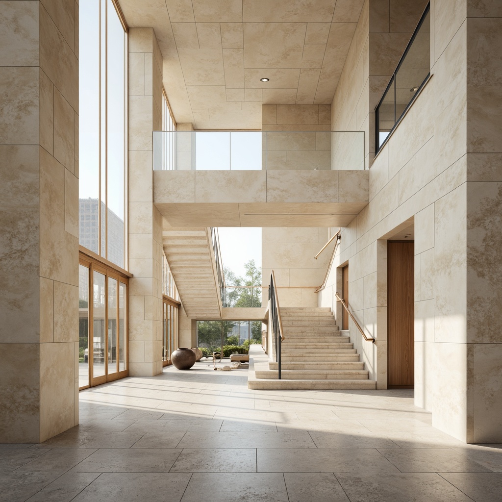 Prompt: Soft beige limestone walls, creamy white marble accents, warm gray concrete floors, natural earthy tones, subtle texture variations, minimalist ornamentation, sleek metal handrails, large glass windows, abundant natural light, airy open spaces, soft diffused lighting, 1/1 composition, shallow depth of field, realistic stone textures, ambient occlusion.