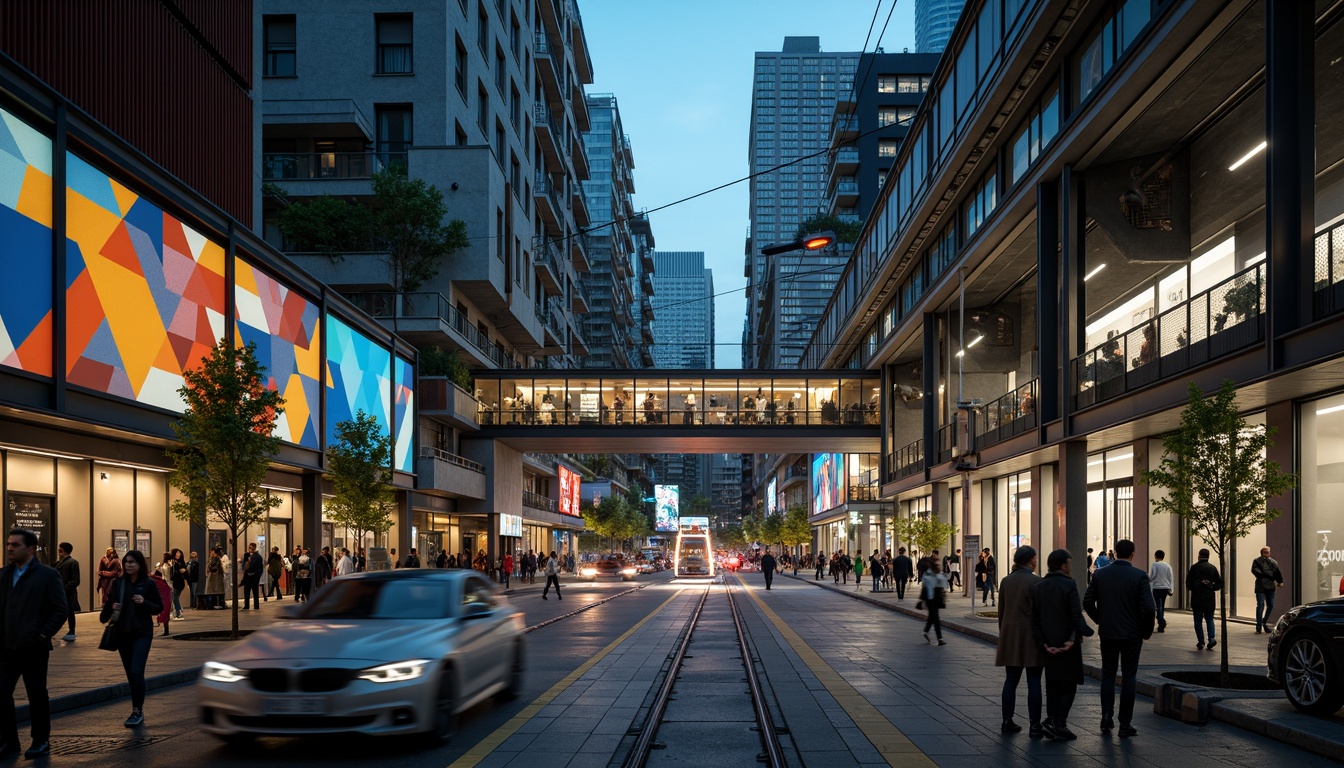 Prompt: Geometric tram station, industrial metal framework, dynamic angular shapes, bold color schemes, abstract murals, urban cityscape, busy pedestrian traffic, modern streetlights, atmospheric mist, dramatic spotlighting, high-contrast shadows, futuristic ambiance, abstract sculptures, rhythmic patterns, metallic textures, urban soundscape, 3/4 composition, low-angle shot, cinematic lighting.