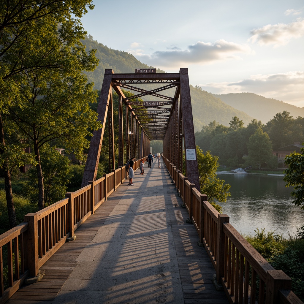 Prompt: Rustic steel bridges, wooden railings, natural stone foundations, meandering rivers, lush green forests, misty mornings, warm golden lighting, soft focus, shallow depth of field, 3/4 composition, panoramic view, realistic textures, ambient occlusion, regionalism style, distressed wood, earthy tones, vintage metal signs, ornate lamp posts, curved lines, organic shapes, harmonious architecture, serene ambiance, peaceful atmosphere.