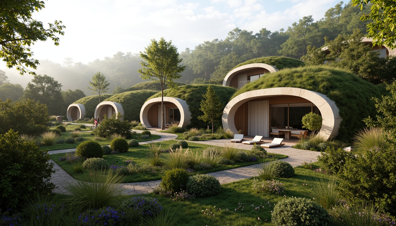 Prompt: Eco-friendly villa, lush green roofs, living walls, natural stone fa\u00e7ades, curved lines, organic forms, blending boundaries, serene forest surroundings, misty morning atmosphere, warm soft lighting, 3/4 composition, realistic textures, ambient occlusion, vibrant flora, native plant species, winding walking paths, wooden decks, cantilevered overhangs, seamless transitions, sustainable building materials.