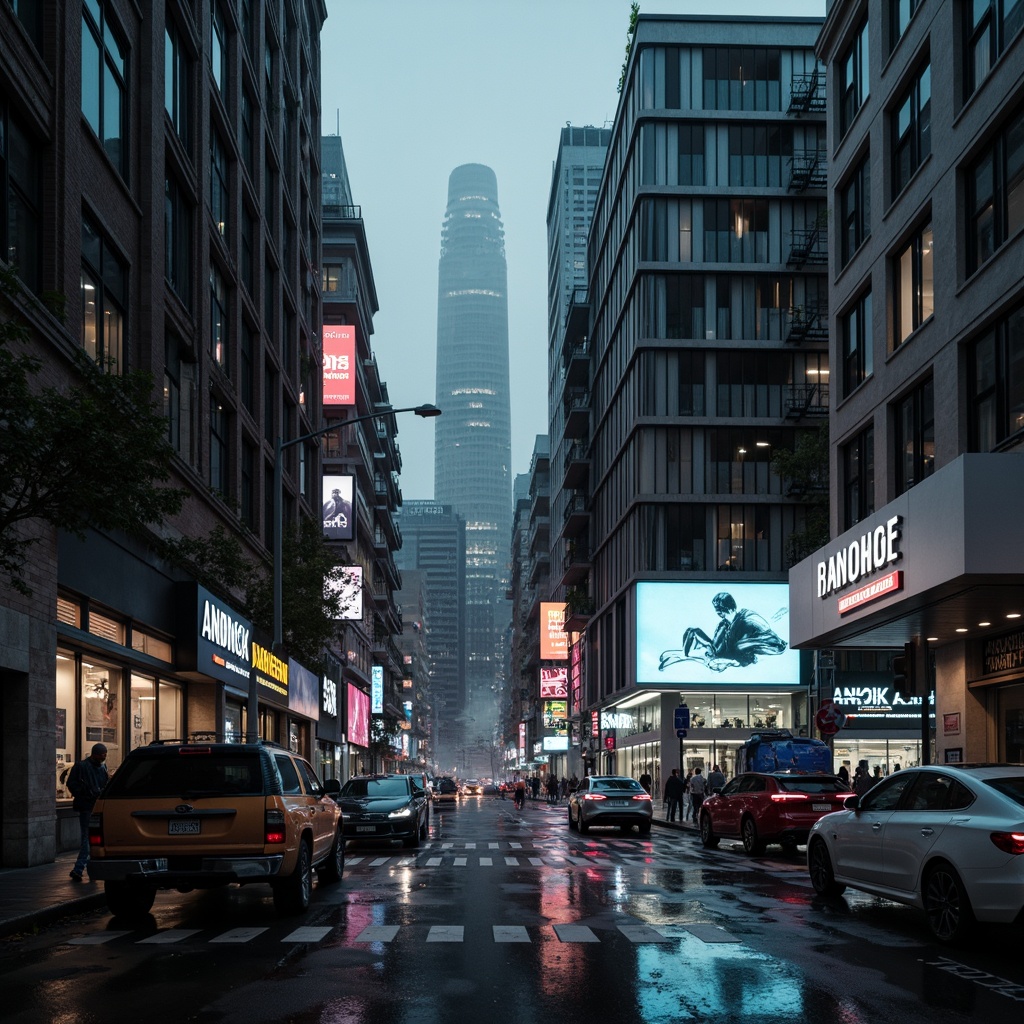 Prompt: Dark gray, neon-lit cityscape, futuristic skyscrapers, metallic buildings, holographic advertisements, cyberpunk atmosphere, rainy night, misty alleys, eerie shadows, LED lights, reflective surfaces, sleek lines, high-tech gadgets, sci-fi elements, virtual reality interfaces, 3D projections, dystopian mood, cinematic lighting, shallow depth of field, 1/1 composition, futuristic typography, metallic textures, ambient occlusion.