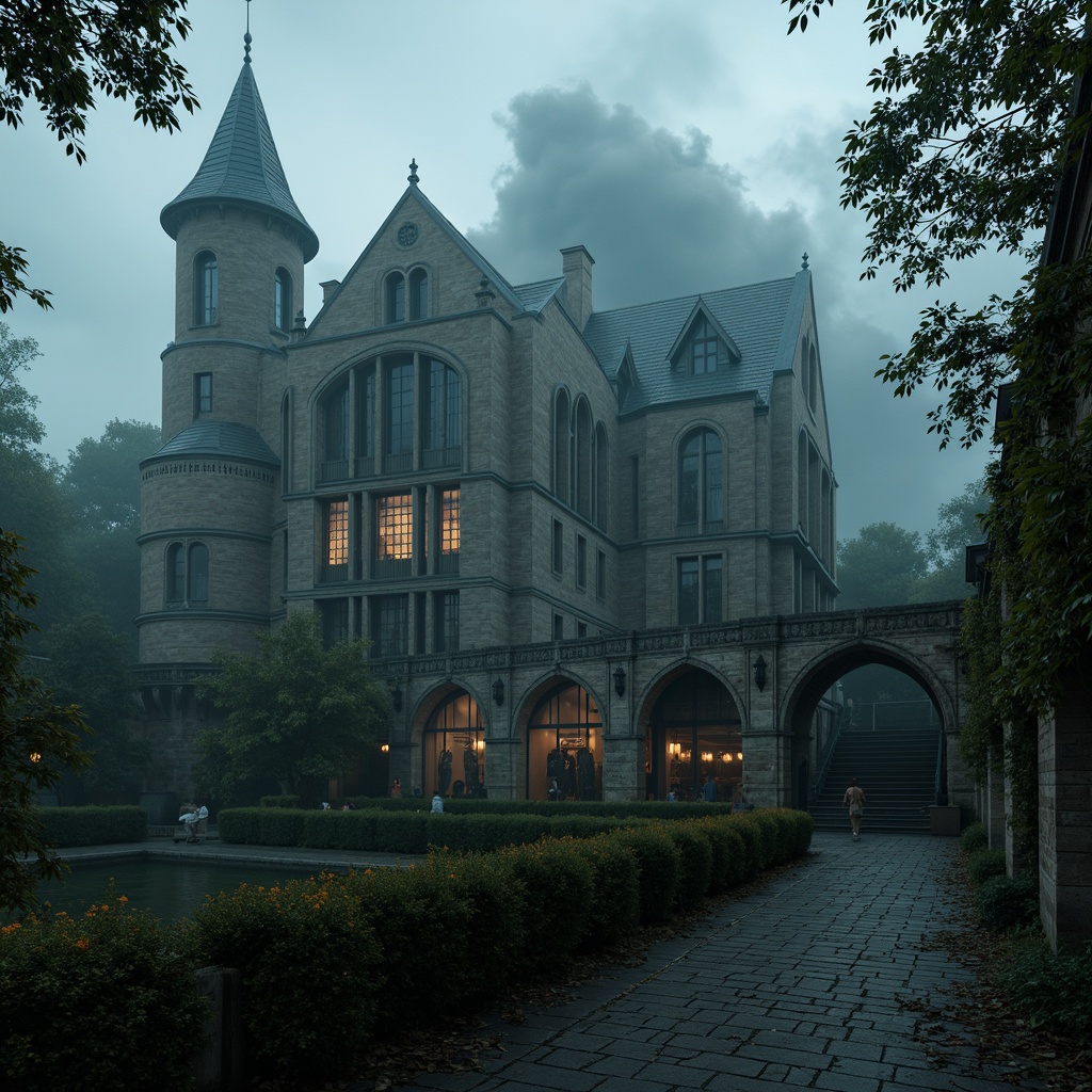 Prompt: Mysterious medieval castle, crumbling stone walls, overgrown ivy, ancient trees, misty foggy morning, dramatic cloudy sky, grandiose cathedral architecture, pointed arches, ribbed vaults, flying buttresses, stained glass windows, intricate carvings, ornate gargoyles, mystical statues, winding staircases, lantern-lit corridors, eerie ambient lighting, cinematic depth of field, 1/1 composition, atmospheric perspective, detailed textures, realistic render.