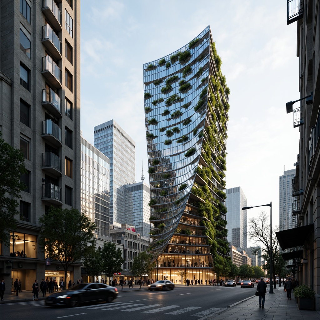 Prompt: Curved skyscraper facade, organic shapes, iridescent glass panels, parametric design, futuristic architecture, urban cityscape, bustling streets, morning mist, soft warm lighting, 3/4 composition, panoramic view, realistic reflections, ambient occlusion, lush green walls, living walls, vertical gardens, biomimicry elements, natural materials, wooden accents, stone textures, flowing lines, dynamic forms, sustainable energy systems, wind turbines, solar panels, green roofs, eco-friendly materials.