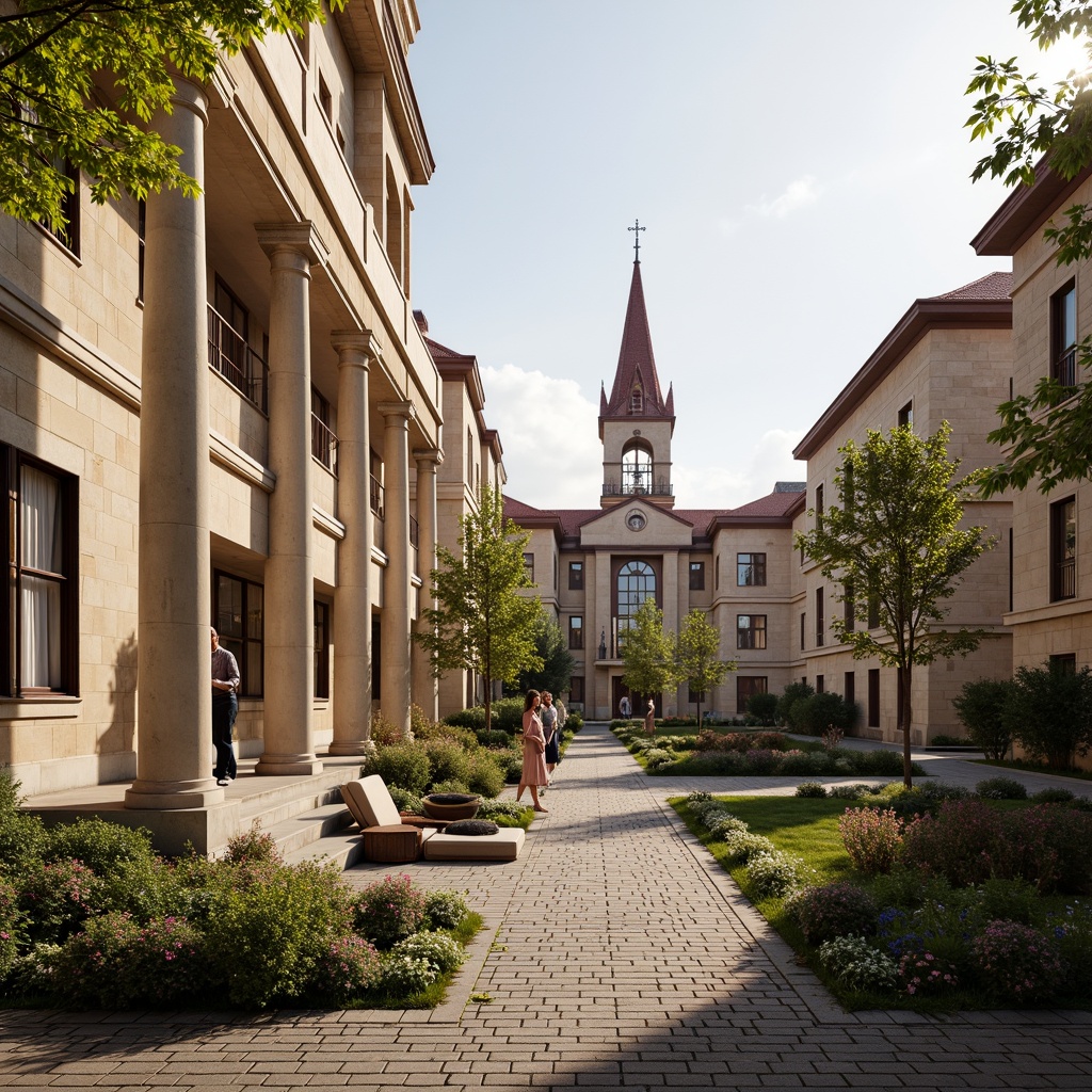 Prompt: Ivory white columns, soft beige stone walls, rich walnut wood accents, elegant cream-colored facades, majestic bronze statues, lush greenery, vibrant flower beds, cobblestone pathways, rustic red brick buildings, traditional classical architecture, symmetrical compositions, ornate details, warm golden lighting, dramatic shadows, 1/1 composition, realistic textures, ambient occlusion.