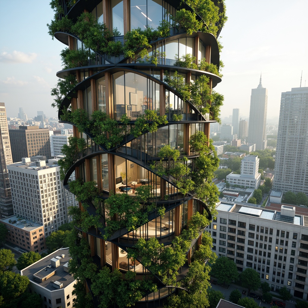 Prompt: \Eco-friendly skyscraper, organic curves, lush green walls, living roofs, solar panels, wind turbines, rainwater harvesting systems, recyclable materials, minimal carbon footprint, natural ventilation, maximized daylight, floor-to-ceiling windows, panoramic city views, modern minimalist interior design, reclaimed wood accents, low-VOC paints, urban farming integration, aerial gardens, misty morning atmosphere, soft diffused lighting, 1/1 composition, realistic reflections, ambient occlusion.\