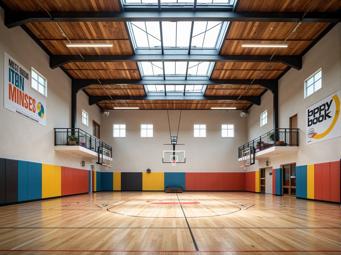 Prompt: Spacious gymnasium, high ceilings, clerestory windows, natural lighting, wooden flooring, sports equipment, basketball hoops, athletic tracks, modern architecture, minimalist design, industrial materials, exposed ductwork, steel beams, vibrant colors, motivational quotes, large mirrors, stretching areas, soft warm lighting, shallow depth of field, 3/4 composition, panoramic view, realistic textures, ambient occlusion.