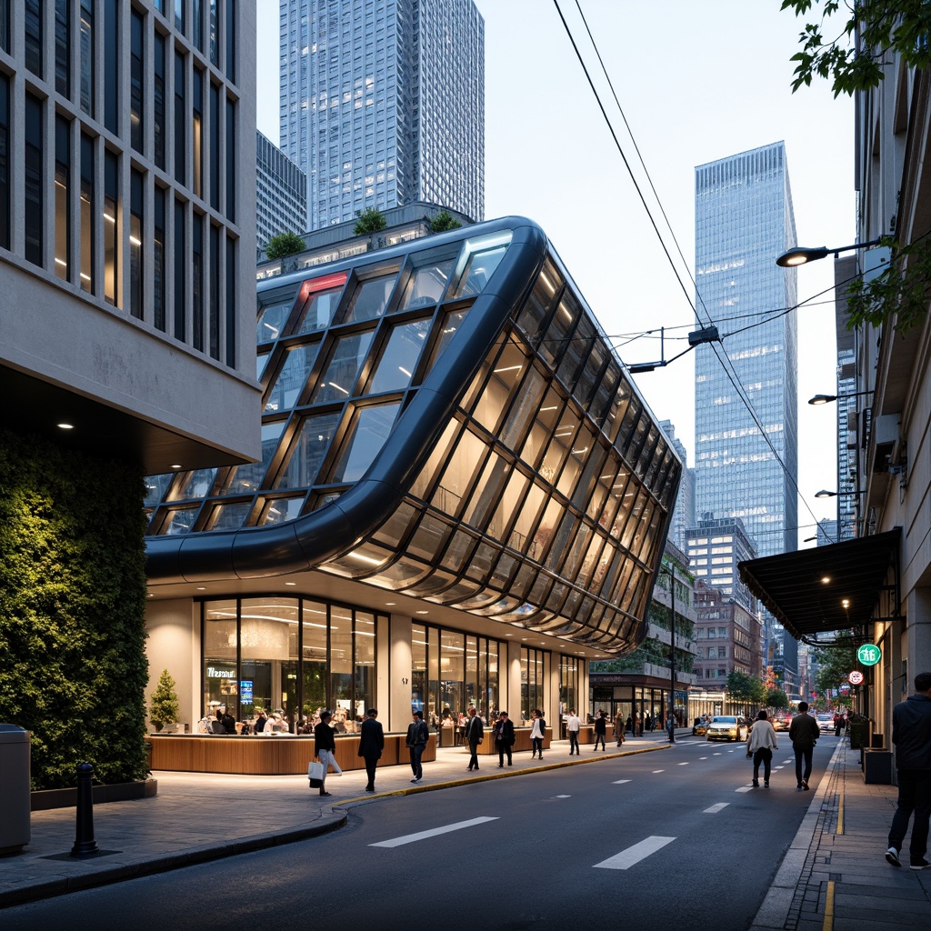 Prompt: Modern train station, futuristic facade design, dynamic LED lights, curved glass surfaces, sleek metal frames, cantilevered roofs, green walls, urban landscape, bustling city streets, morning rush hour, warm natural lighting, shallow depth of field, 1/2 composition, high-angle shot, realistic reflections, ambient occlusion.