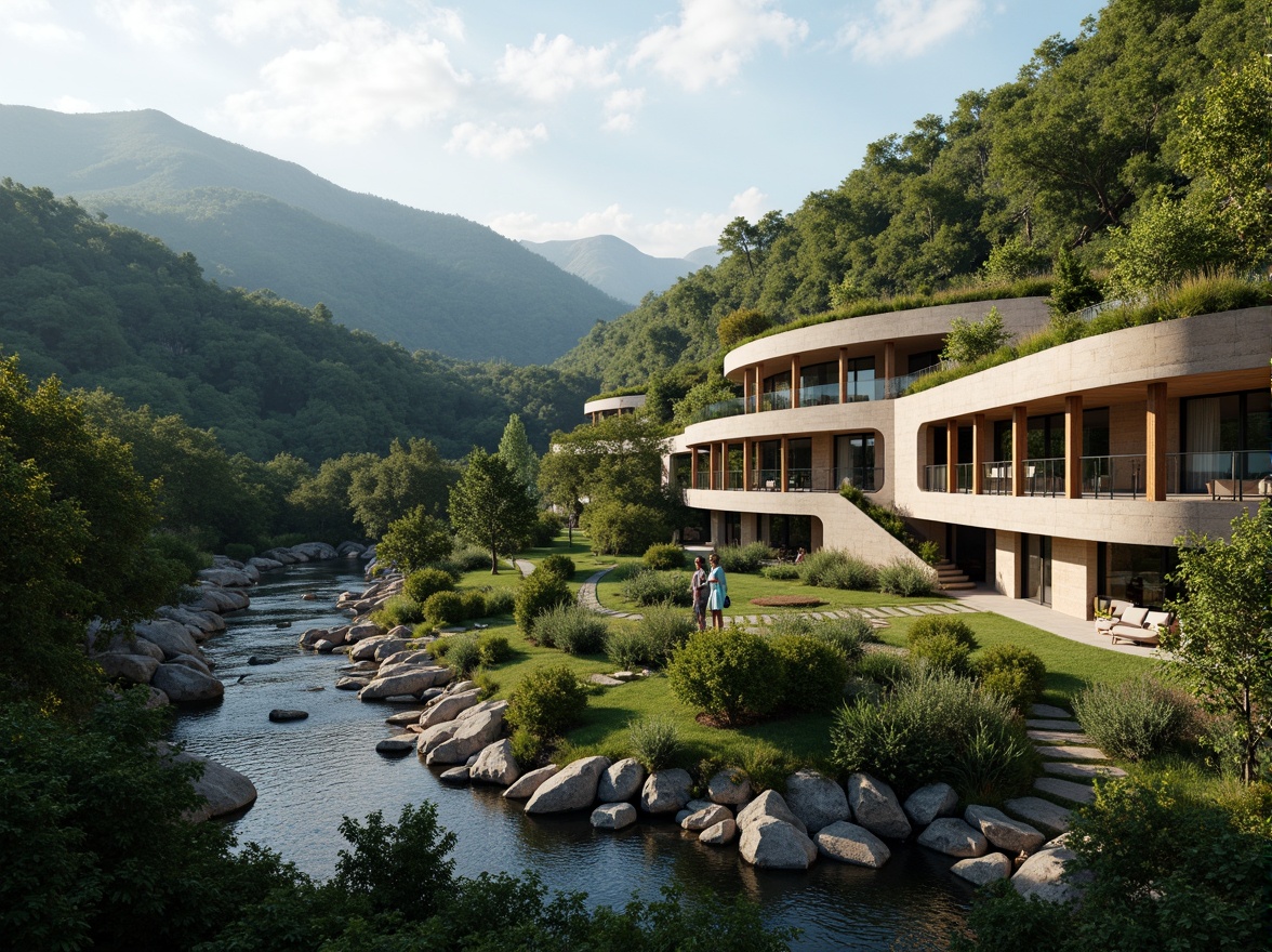 Prompt: Serene mountainous landscape, lush green forests, winding rivers, rocky outcrops, harmonious integration with modern architecture, curved lines, natural stone facades, wooden accents, large windows, sliding glass doors, cantilevered structures, rooftop gardens, verdant walls, eco-friendly materials, sustainable design, organic forms, minimalist aesthetic, warm ambient lighting, soft focus, 1/2 composition, atmospheric perspective, cinematic rendering.