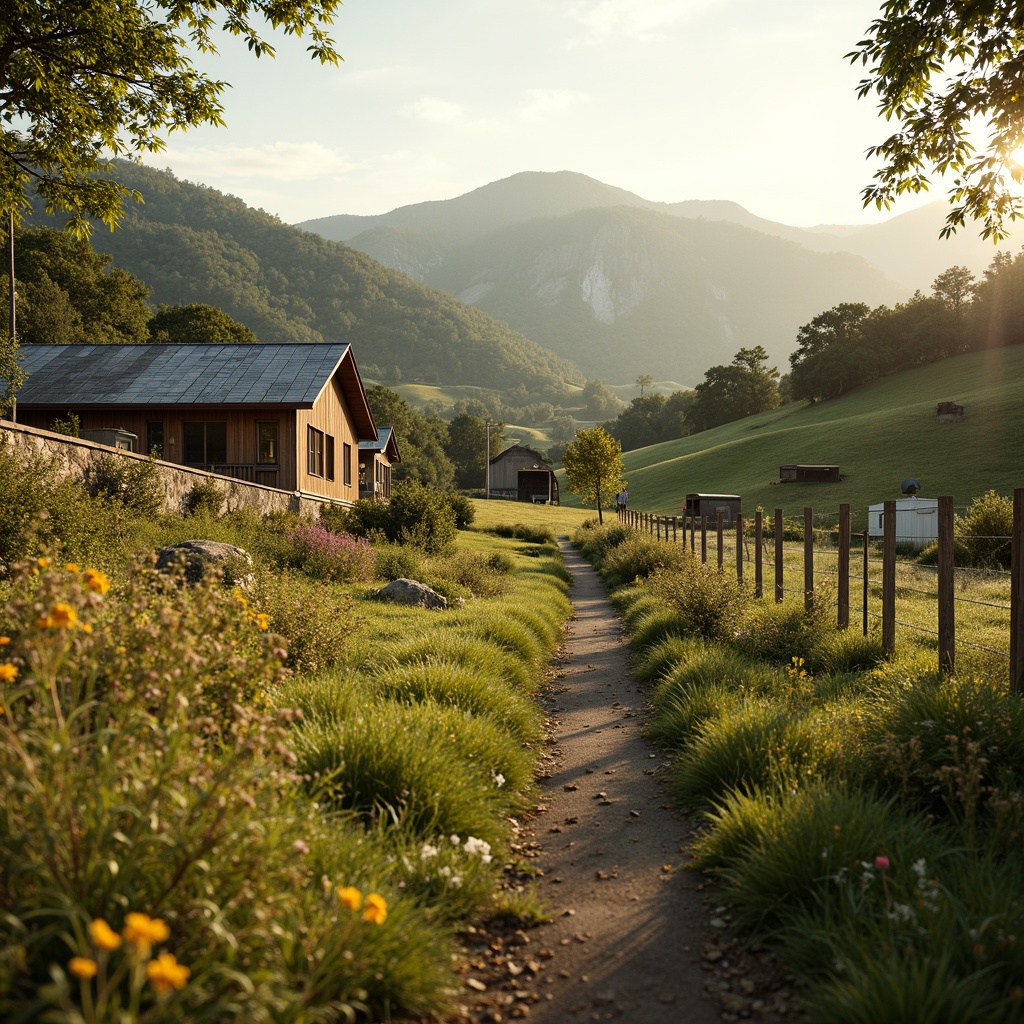 Prompt: Rustic rural landscape, rolling hills, verdant pastures, wooden fences, wildflowers, earthy tones, warm beige, soft sage green, weathered wood textures, natural stone walls, country-style farmhouse, pitched roofs, vintage metal accents, sunny afternoon, gentle breeze, shallow depth of field, 2/3 composition, warm golden lighting, realistic atmospheric effects.