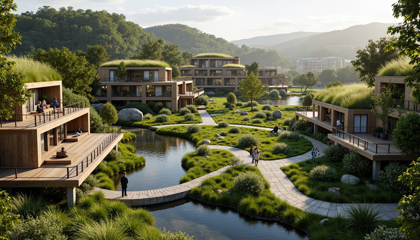 Prompt: Vibrant green roofs, lush vegetation, winding water features, natural stone walls, wooden decks, outdoor seating areas, scenic overlooks, meandering pathways, modern architecture, glass railings, cantilevered structures, panoramic views, soft warm lighting, shallow depth of field, 3/4 composition, realistic textures, ambient occlusion.