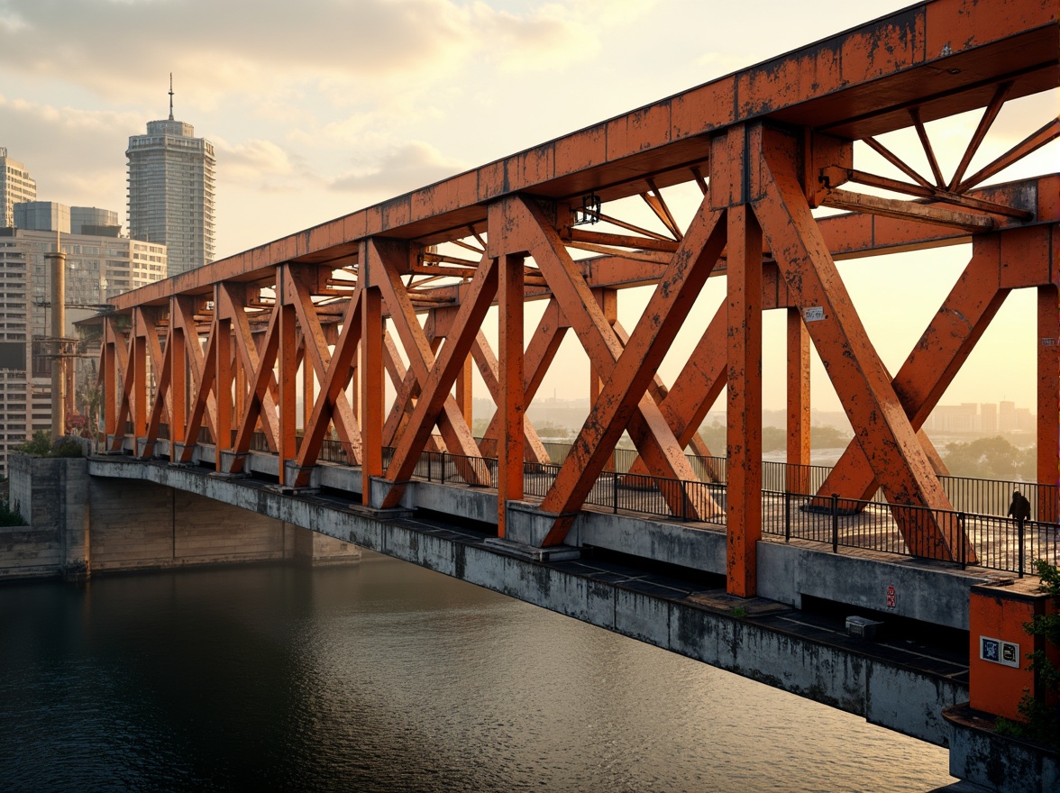 Prompt: Futuristic constructivist bridge, bold geometric shapes, dynamic diagonal lines, vibrant industrial colors, bright orange accents, metallic silver surfaces, exposed steel structures, urban cityscape, misty atmospheric perspective, warm golden lighting, shallow depth of field, 2/3 composition, realistic textures, ambient occlusion, intricate mechanical details, abstract expressionist patterns.